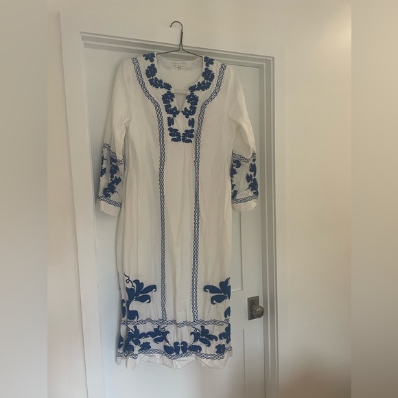White Dress with Blue Embroidery - Picture 1 of 3